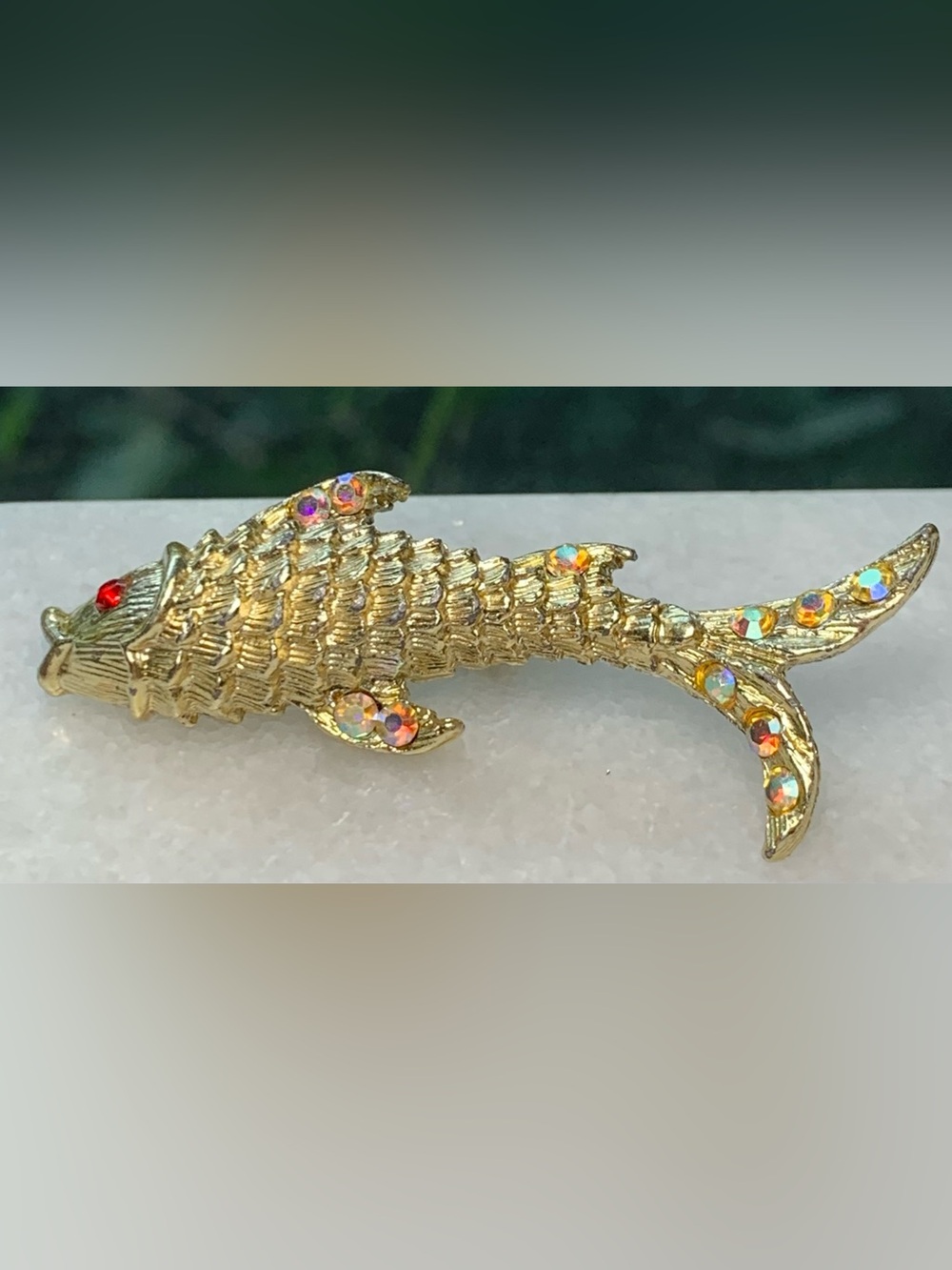 Vintage Gold Tone Fish Brooch AB Rhinestones Red Eye Mid Century Figural Pin